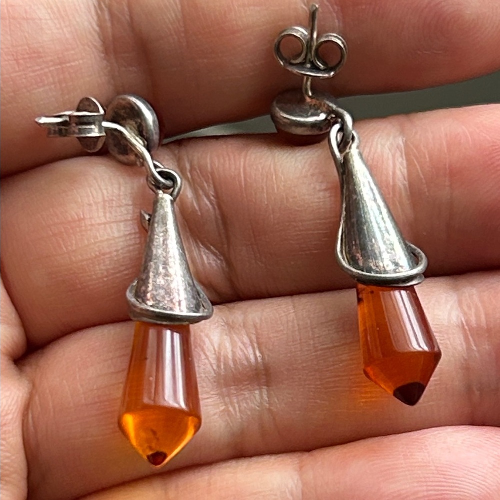 🖤Vintage Sterling Silver & Baltic Amber Drop Earrings - Picture 5 of 7